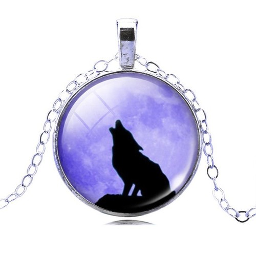 UK WOLF PENDANT NECKLACE Chain Glass Silver Jewellery Gift Idea Howling Werewolf