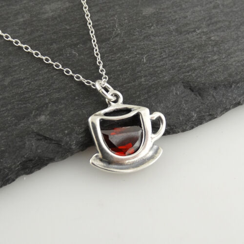 Cup of Coffee or Tea Charm Necklace Amber CZ Saucer NEW 925 Sterling Silver 