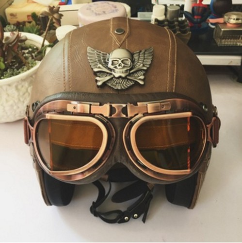Vintage Skull Motorcycle Helmet Biker Helmet With Goggles ABS Cruiser Cool