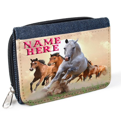 Personalised Girls Purse HORSE PONY Denim Coin School Gift Birthday ST084