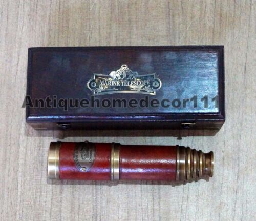 Antique Solid Brass Nautical Dollond London Telescope w Handmade Wooden Box Gift