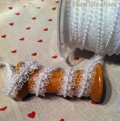Lace and Pearl Beaded Ribbon Bridal Trim Trimming 20mm wide IVORY WHITE May Art