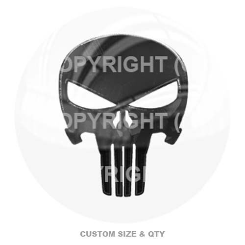 Premium Glossy Round 3D Epoxy Domed Decal Black Punisher Skull On White MT S-197