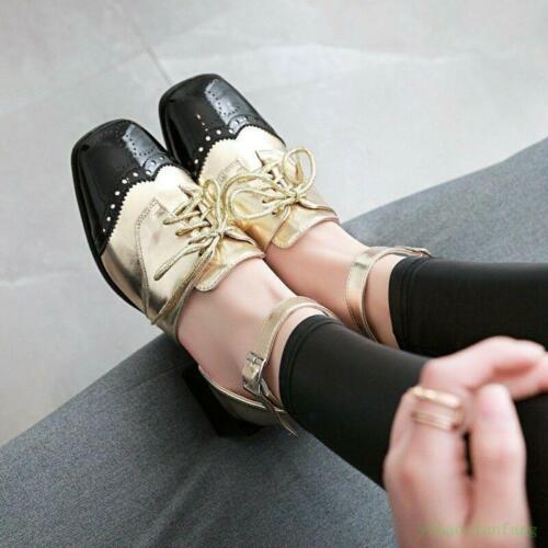 Women Ankle Strap Lace Up Chunky Patent Leather Buckle Wing Tip Square Toe Shoes