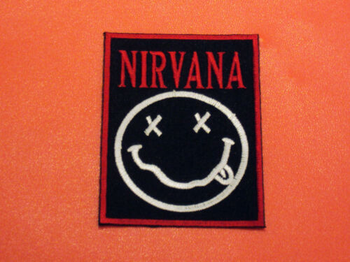 c HEAVY METAL PUNK ROCK MUSIC SEW IRON ON PATCH: NIRVANA RED BLOCK SMILEY
