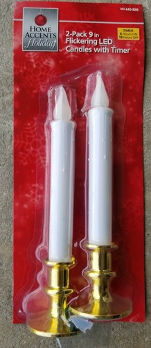 2 Pack of 9 inch Candles w// Brass Color Bases Flickering LED Candles w// Timer