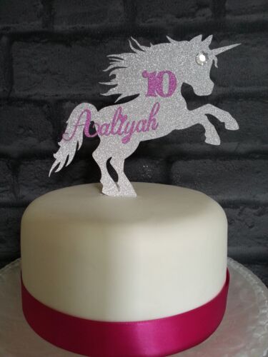 Personalised Silver Glitter Unicorn Horse Birthday Cake Topper Any Name & Age 