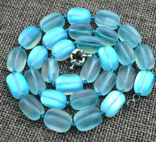 New10x14mm Light blue irregular Gleamy Rainbow Moonstone gem Beads Necklace 18”
