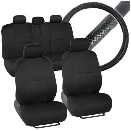 Front & Rear Polyester Car Seat Covers + Sport Grip Steering Wheel Cover 10pc