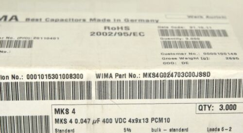 400V 5/% pitch:10mm Capacitor WIMA MKS4 0.047uF 0,047uF 10pcs