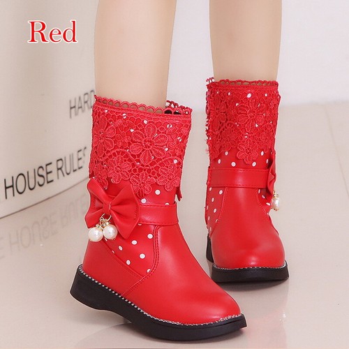 Children Winter Boots Girls Lace Bow Mid-calf Boots Princess Plus Velvet Shoes.