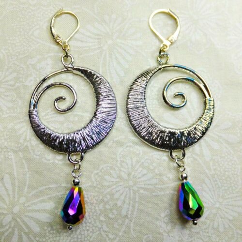 Details about  / Fantasy Silver Plated Wire Spirals Blue//Green Crystal Tears Dangle Earrings NEW