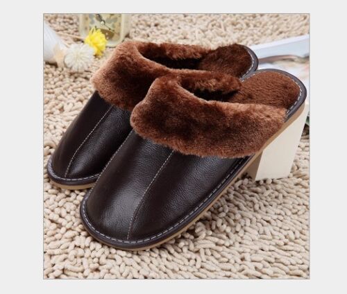 New Winter Men's Women Leather Warm Indoor Slippers Home House Anti-slip Shoes 