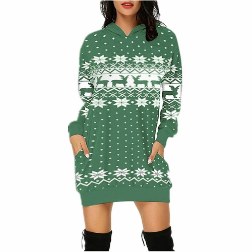 Women/'s Long Sleeve Christmas Print Pocket Dress Ladies Hooded Jumper Mini Dress