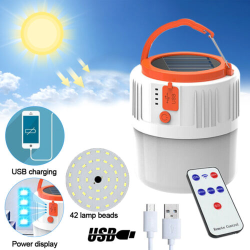 USB /& Solar Power LED Light Rechargeable Flashlight Lantern Camping Hiking Lamp