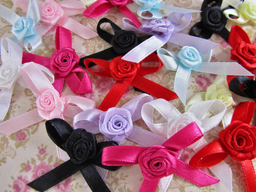 40 Satin Ribbon Flower Rose 1" Bow/wedding/trim/craft/sewing/parchment F22-Black 