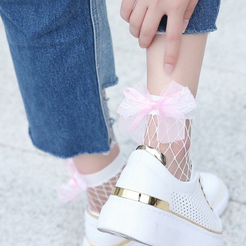 Women Hollow Out Summer Bowknot Short Socks Cotton Ankle Hosiery Fishnet