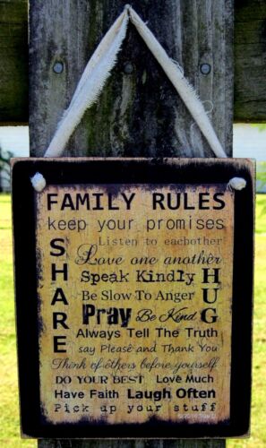 Family Rules Hanging Wall Sign Plaque Primitive Rustic Farmhouse Decor
