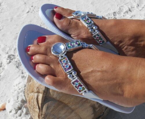 Details about   GRANDCO SANDALS WHITE BOHEMIAN GLITTER V-THONG BLING Pastel STONES Jeweled 