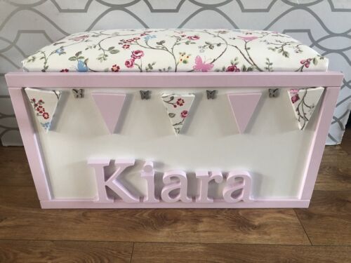 Personalised wooden toy box with Hinged cushioned seat And Safety Piston 