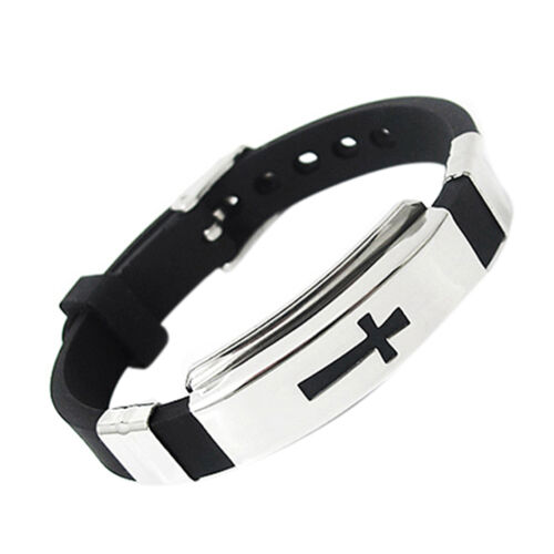 Hommes Croix d'Argent Bracelet caoutchouc noir en acier inoxydable Bracelet *tr 