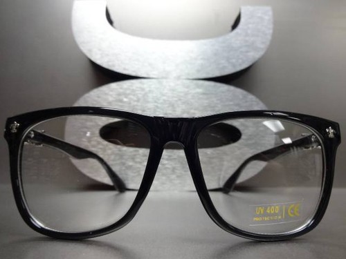 Mens Women CLASSIC VINTAGE Style Clear Lens EYE GLASSES Black Frame Silver Cross