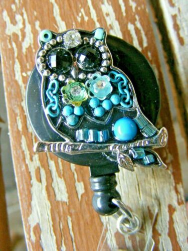 Owl Bird Faux Turquoise Jewel Drop Bead ID Badge Name Tag Key Card Holder Reel 