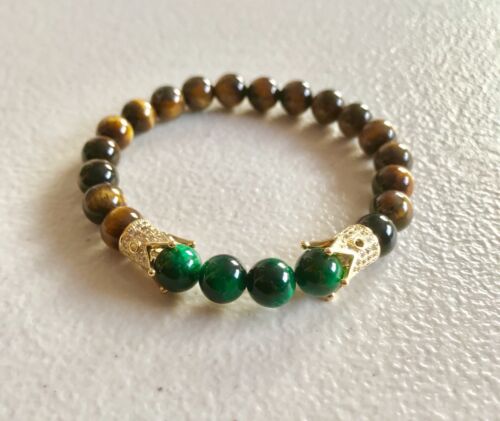 BROWN /& GREEN TIGERS EYE GOLD PLATED CROWN   BEADED BRACELET FOR MEN AND WOMEN