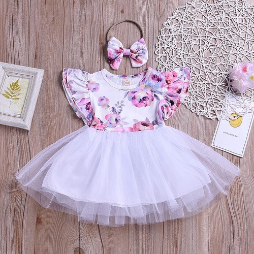 2PCS Baby Girls Floral Princess Pink Tutu Dress Kids Dance Party Headband Outfit