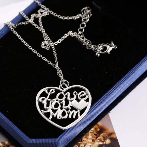 Love You Mom Hollow Love Heart Polished Pendant Chain Necklace Mother/'s Day Gift