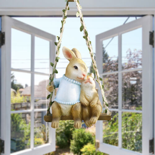 Garden Swing Rabbit Statue Animal Bunny Sculpture Patio Yard Tree Decoration 