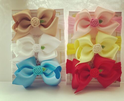 Baby Headbands 6 Bows Set 3 inch Bow Soft Stocking Embroidery Flower nylon Band 