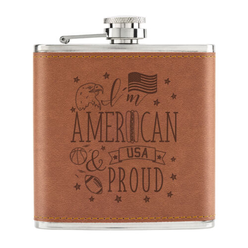 I/'m American And Proud 6oz PU Leather Hip Flask Tan USA Flag America