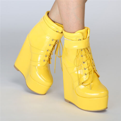 Fashion Women Ankle Boots Platform Round Toe Lace Up Wedges Boots Shoes Woman