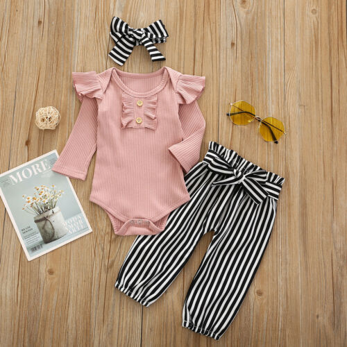 Newborn Infant Baby Girls Ruffle Romper+Stripe Pants Headbands Outfits Set