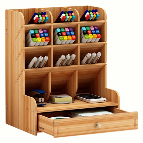 Office Desk Organizer DIY Wooden Pen Holder Box Stationary Storage Rack w//Drawer