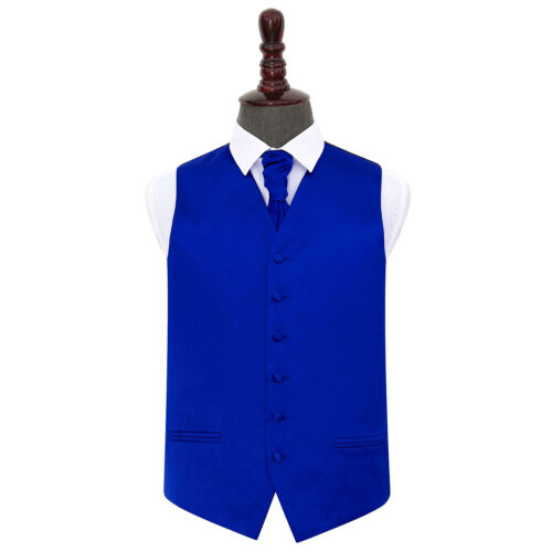 DQT Satin Plain Solid Royal Blue Mens Wedding Waistcoat & Cravat Set 