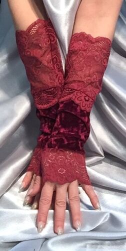 Madame Fantasy Long Velour Fingerless Gloves Lace Cuffs Wine Red Burgundy