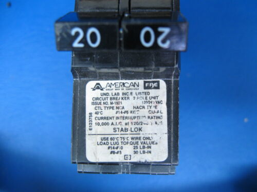 20 Amp Federal Pacific FPE//American NC220 1/" Thin 2 Pole Type NC Breaker