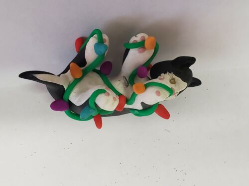 BLACK and WHITE CAT Christmas Ornament TANGLED IN LIGHTS Feet Up HAND MADE