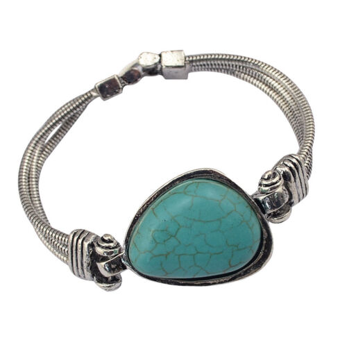 Retro Turquoise Silver Chain Bracelet Handmade Fashion Cuff Bracelet Jewelry