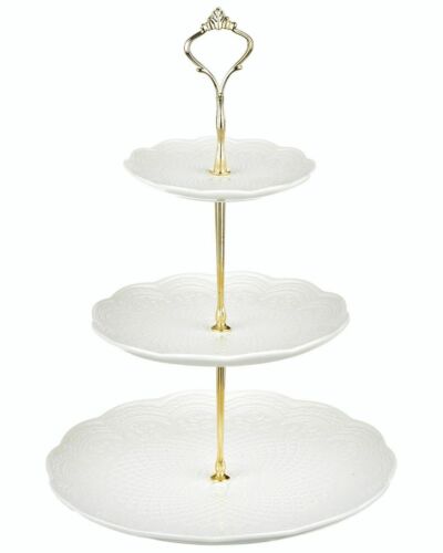 3 LAYER TIER CERAMIC WHITE ROUND SERVING DISPLAY CAKES PLATTER FOOD STAND RACK