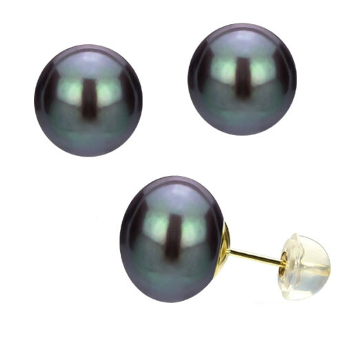 10K Solid Gold 7.5 mm Genuine Freshwater Black Pearl Stud Earrings Jewelry Gift