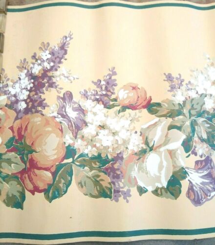 Victorian White Cabbage Rose Lilac Flower Floral Cream Green Wall paper Border