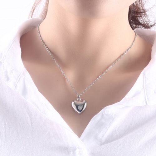 Women Polished Heart Pendant Necklace Chain Ash Urn Cremation Box Memorial Gift 