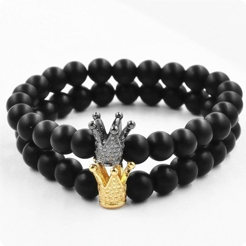 Charm pierre naturelle pour hommes Pierre Noire Bracelet Perle Couronne Matte Stone
