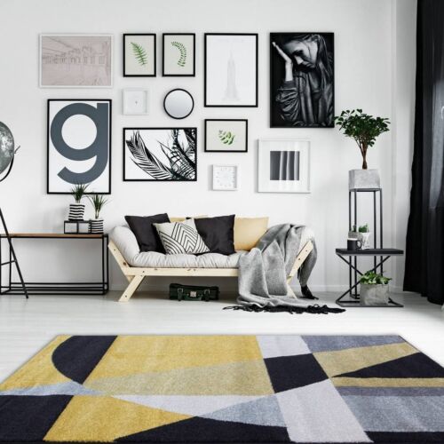 Cheap Geometric Abstract Ochre Yellow Grey Black Living Room Rug Free Delivery 