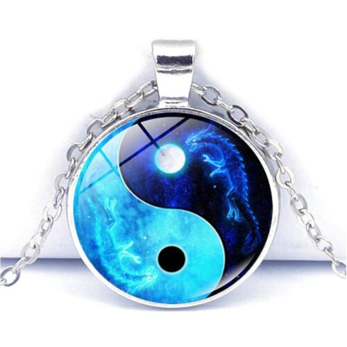 Cabochon Silver Glass Statement Necklace Pendant Dragon Moon Yin Yang Jewelry 