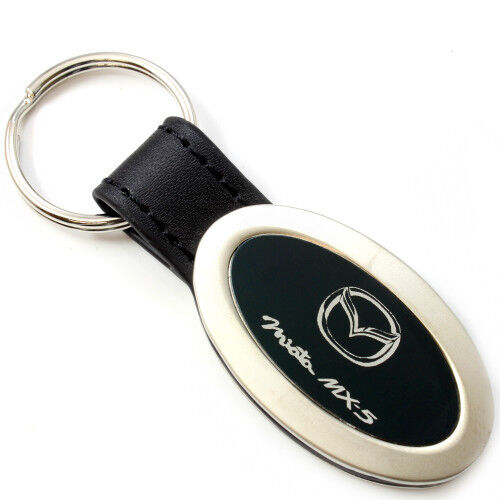 Genuine Black Leather Oval Silver Mazda Miata MX-5 Logo Key Chain Fob Ring