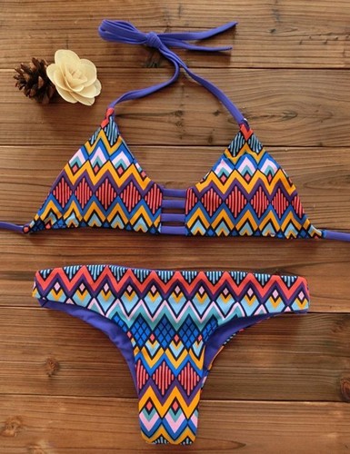 Women Bandeau Bikini Reversible Print Strappy Polyester Natural Color Swimwear